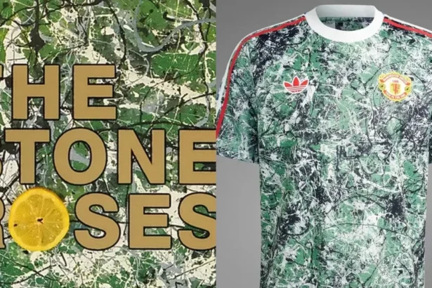 Foto camiseta da adidas do Mancheste United em homenagem ao primeiro álbum do Stone Roses