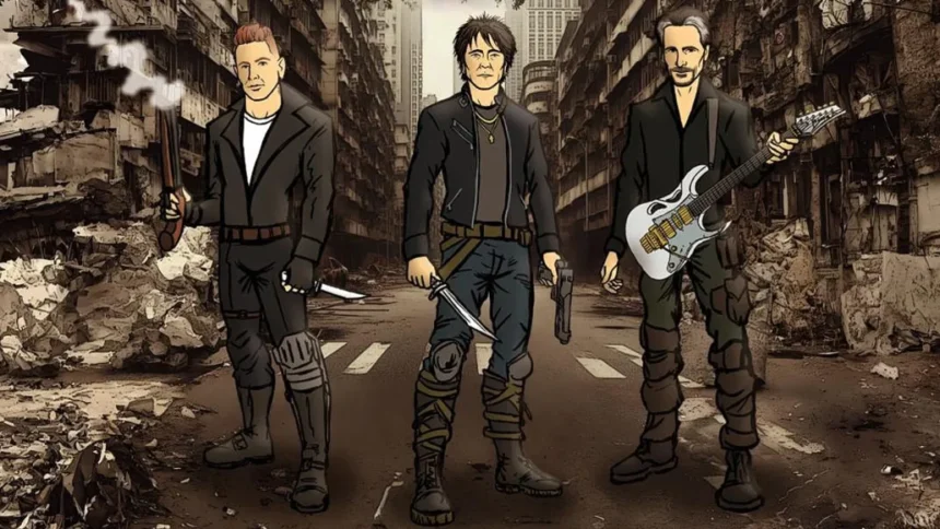 Imagem de Billy Morrison, Corey Taylor e Steve Vai do clipe "Incite The Watch". Crédito: Divulgação.