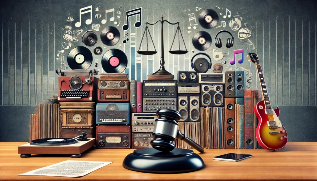 essa imagem iulustra a batalha judicial entre a preservação dos vinis e os serviços de streaming digital, incluindo símbolos de um julgamento intenso, como o martelo do juiz.