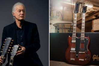 Foto: Jimmy Page e a Jimmy Page EDS-1275 Doubleneck VOS. Crédito: Gibson.