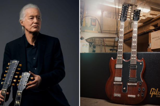 Foto: Jimmy Page e a Jimmy Page EDS-1275 Doubleneck VOS. Crédito: Gibson.
