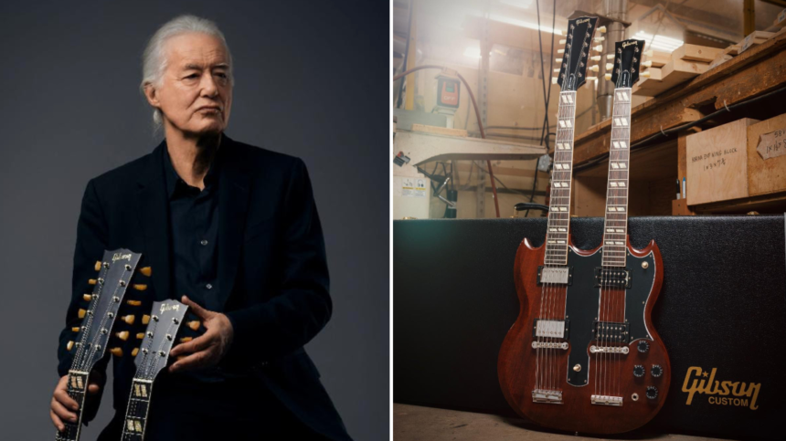 Foto: Jimmy Page e a Jimmy Page EDS-1275 Doubleneck VOS. Crédito: Gibson.