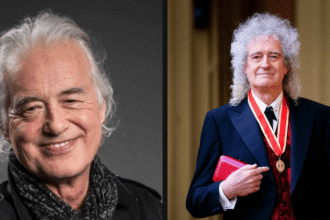 Foto: Jimmy Page. Crédito: John McMurtrie / Foto: Brian May. Crédito: WPA Pool/Getty Images.