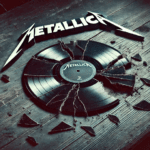 Na imagem, um vinil estilhaçado descansa sobre uma mesa antiga e marcada pelo tempo. Ao fundo, o logo do Metallica aparece rachado e desgastado, refletindo a ideia de que até as maiores bandas podem ter seus momentos difíceis. Um clima sombrio, com tons escuros e sombras pesadas, que combina com o tema do post: as músicas que não funcionaram tão bem quanto o esperado.