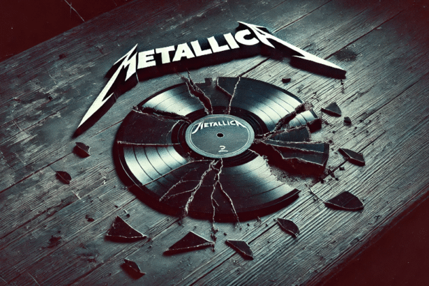 Na imagem, um vinil estilhaçado descansa sobre uma mesa antiga e marcada pelo tempo. Ao fundo, o logo do Metallica aparece rachado e desgastado, refletindo a ideia de que até as maiores bandas podem ter seus momentos difíceis. Um clima sombrio, com tons escuros e sombras pesadas, que combina com o tema do post: as músicas que não funcionaram tão bem quanto o esperado.