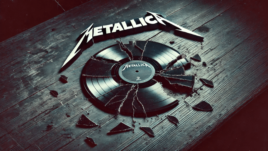 Na imagem, um vinil estilhaçado descansa sobre uma mesa antiga e marcada pelo tempo. Ao fundo, o logo do Metallica aparece rachado e desgastado, refletindo a ideia de que até as maiores bandas podem ter seus momentos difíceis. Um clima sombrio, com tons escuros e sombras pesadas, que combina com o tema do post: as músicas que não funcionaram tão bem quanto o esperado.