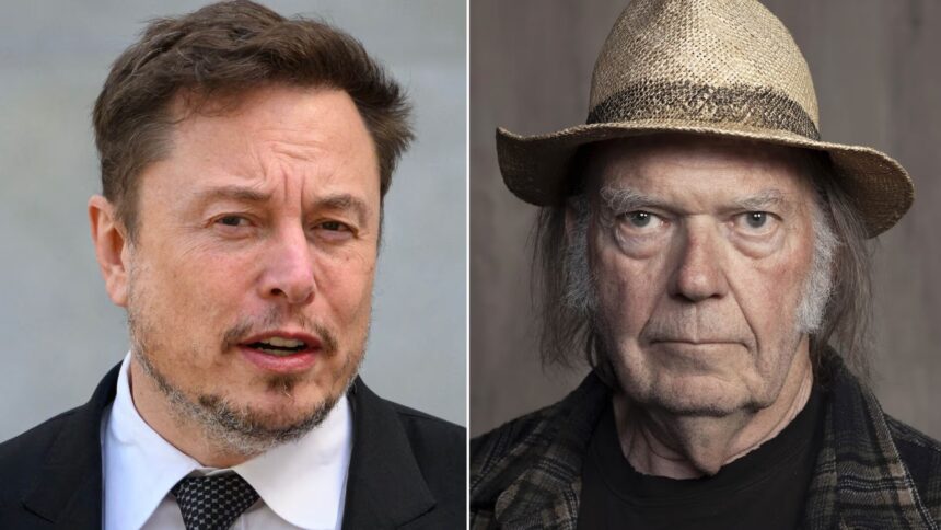 Foto: Elon Musk e Neil Young. Créditos: Mandel Ngan/AFP/Getty Images. Rebecca Cabage/Invision/AP.