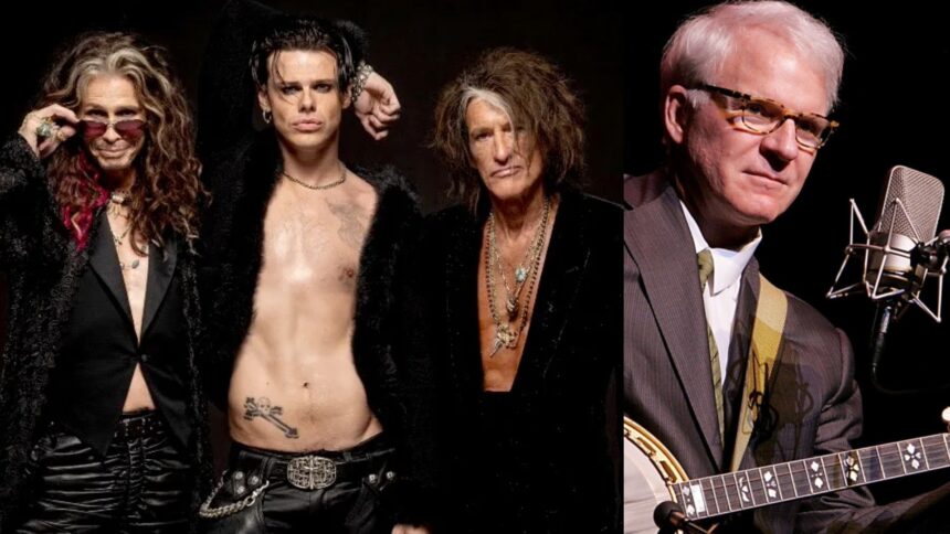 Aerosmith e Steve Martin. Crédito: Crédito: Ross Halfin e Gary Miller/FilmMagic.