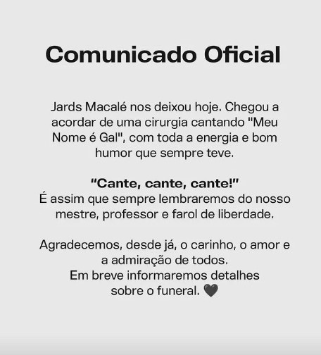 Jards Macalé - Nota de Falecimento
Foto: Reprdução Instagram.
