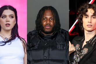 Alessi Rose, Jim Legxacy e Sombr. Crédito: Joseph Okpako/Dave Benett/Kevin Mazur/Getty Images.