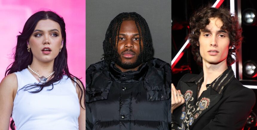 Alessi Rose, Jim Legxacy e Sombr. Crédito: Joseph Okpako/Dave Benett/Kevin Mazur/Getty Images.