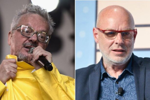 Mark Mothersbaugh e Brian Eno. Crédito: Michael Loccisano / Christian Alminana, Getty Images.