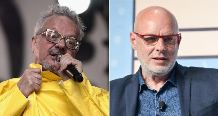 Mark Mothersbaugh e Brian Eno. Crédito: Michael Loccisano / Christian Alminana, Getty Images.