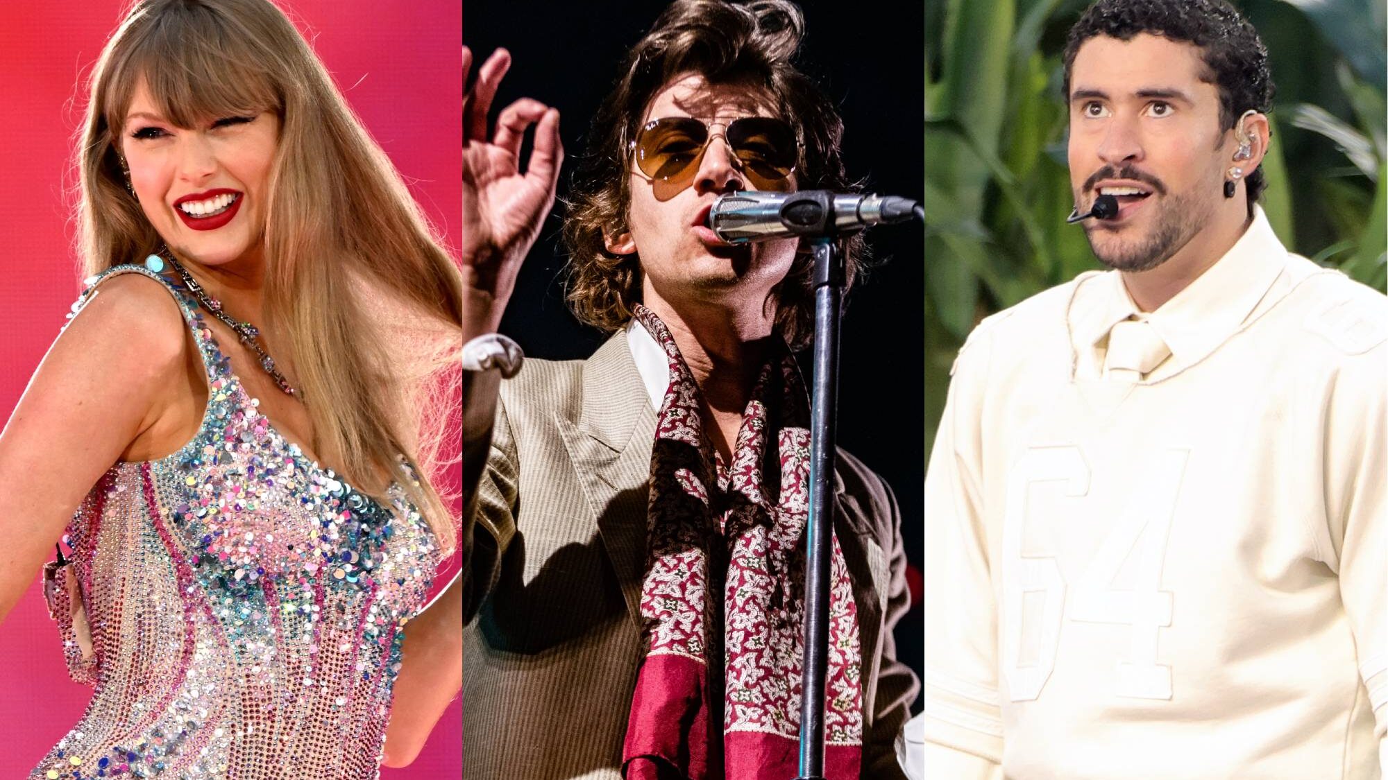 . Taylor Swift, Alex Turner and Bad Bunny. Kate Green/Paul Bergen/Neilson Barnard/Getty Images