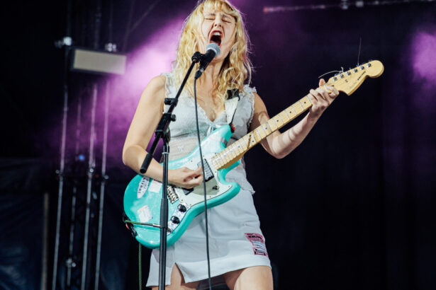 Lambrini Girls. Phoebe Lunny of  live at Reading 2024. Andy Ford for NME