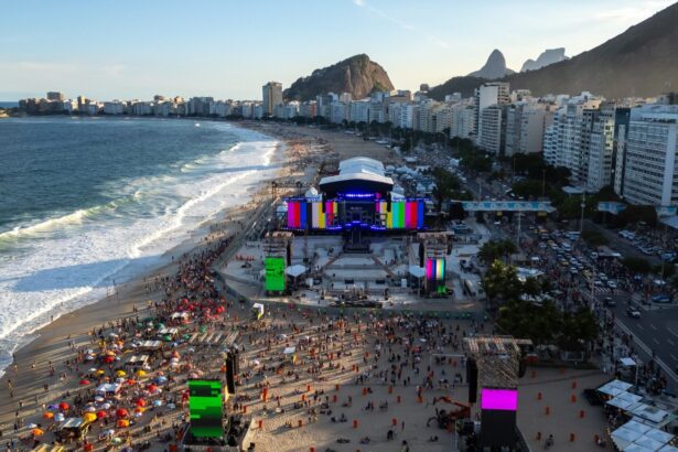 Shakira. Aerial view of the construction process of the stage Lady Gaga previously performed on at Copacabana Beach, where  is set to headline this week. Buda Mendes/Getty Images