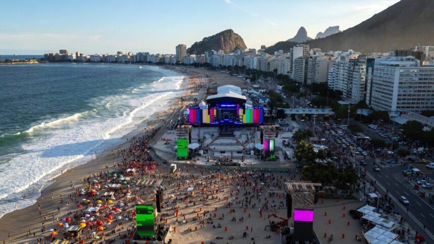 Shakira. Aerial view of the construction process of the stage Lady Gaga previously performed on at Copacabana Beach, where  is set to headline this week. Buda Mendes/Getty Images