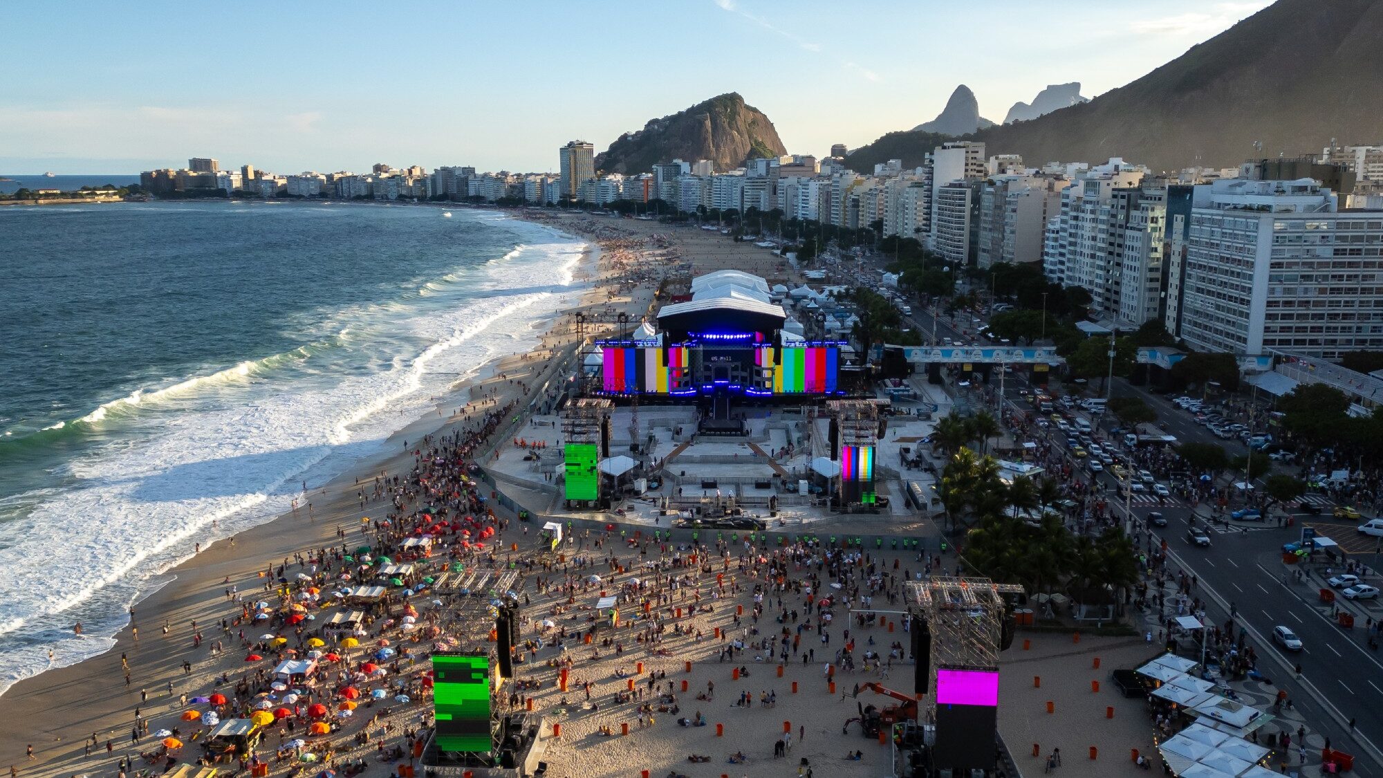 Shakira. Aerial view of the construction process of the stage Lady Gaga previously performed on at Copacabana Beach, where  is set to headline this week. Buda Mendes/Getty Images