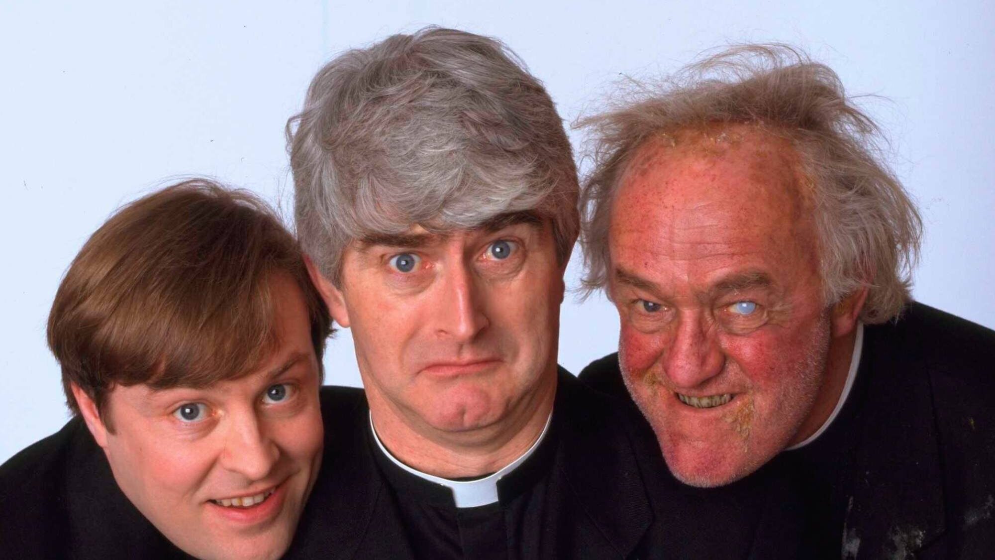 Eurovision Song Contest. 'Father Ted' actors Ardal O'Hanlon, Dermot Morgan and Frank Kelly in character as Fathers Dougal, Ted and Jack  TV Times/Future Publishing via Getty Images