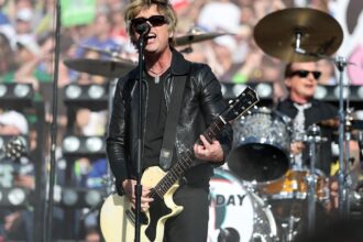 Green Day. Billie Joe Armstrong of  at Super Bowl LX at Levi's Stadium on February 08, 2026 in Santa Clara, California.  (by Ronald Martinez/Getty Images)