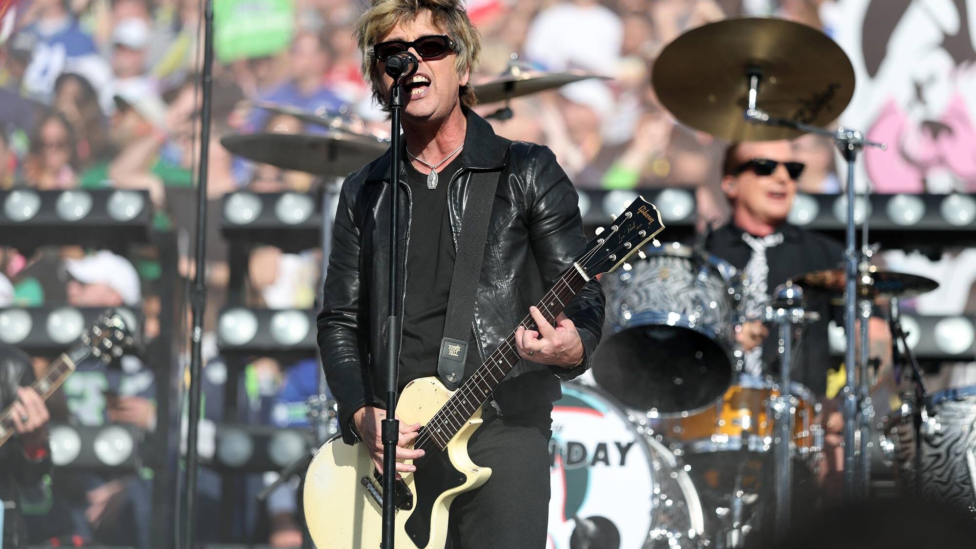 Green Day. Billie Joe Armstrong of  at Super Bowl LX at Levi's Stadium on February 08, 2026 in Santa Clara, California.  (by Ronald Martinez/Getty Images)