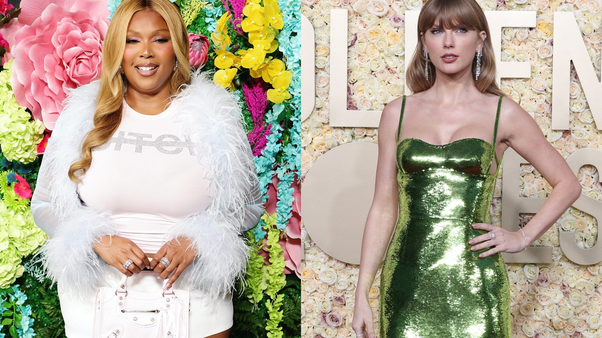 Lizzo. and Taylor Swift. Kevin Winter/Getty (L), John Salangsang/Golden Globes 2024/Getty (R)