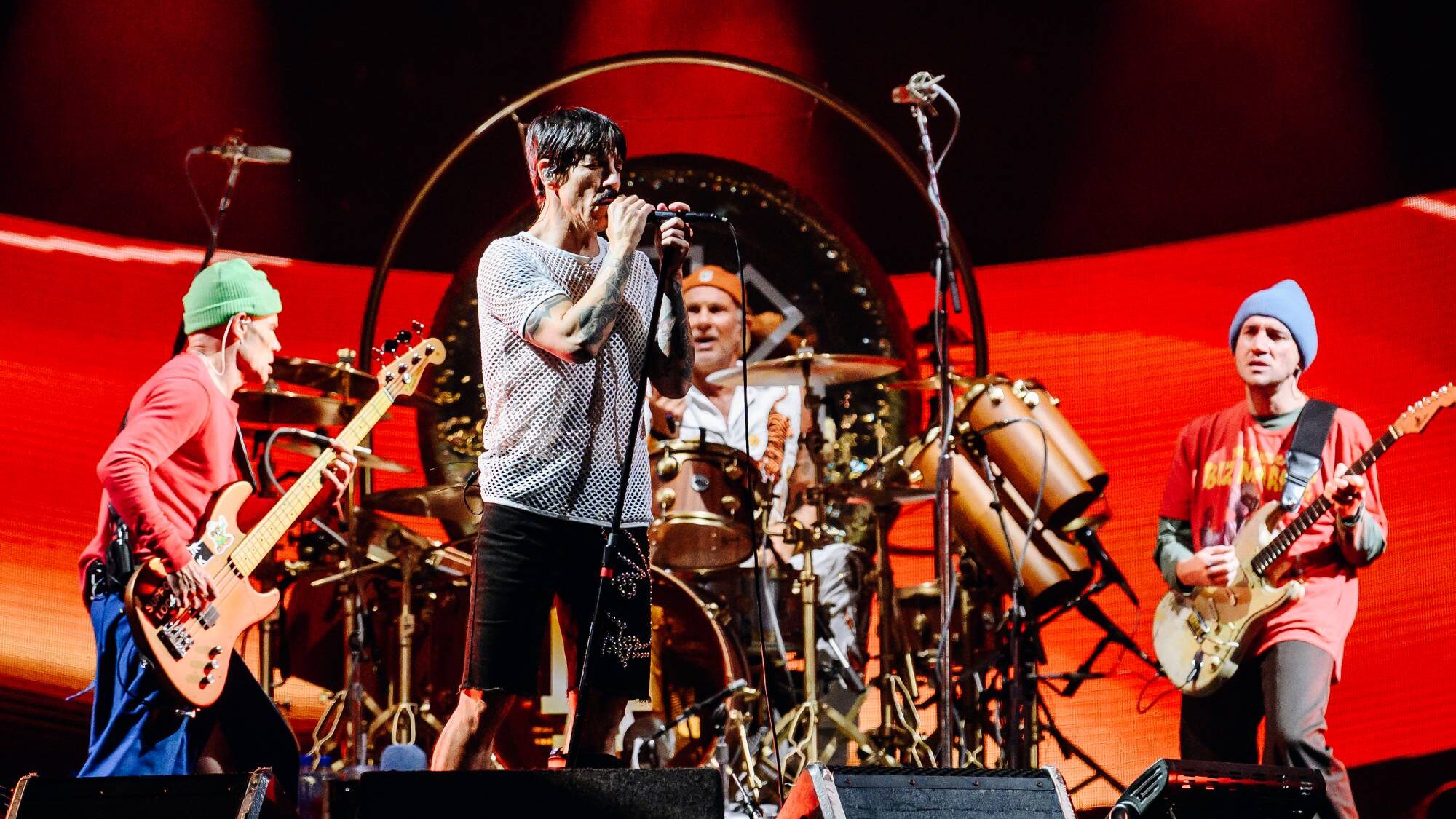 Red Hot Chili Peppers. Flea, Chad Smith, Anthony Kiedis and John Frusciante of the  at the Great Lawn of Central Park in New York City, New York. (by Nina Westervelt/Variety via Getty Images)