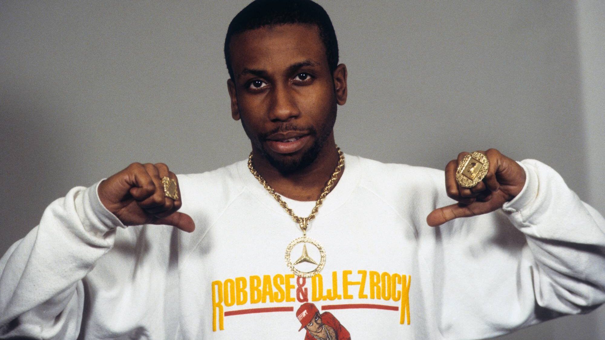 Rob Base. appears in a portrait with his likeness on a sweatshirt on January 9, 1989 in New York City. (by Al Pereira/Getty Images/Michael Ochs Archives)