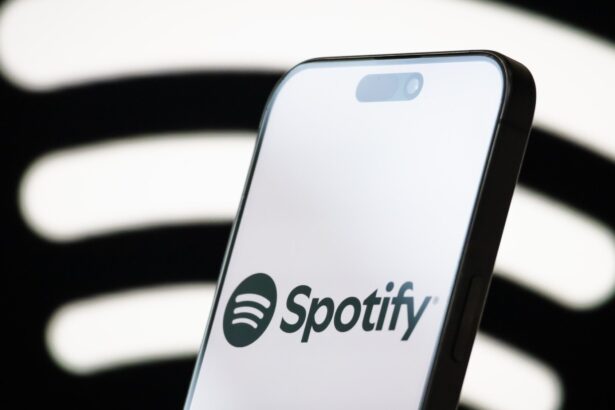 Spotify. logo displayed on smartphone screen. Cheng Xin/Getty Images