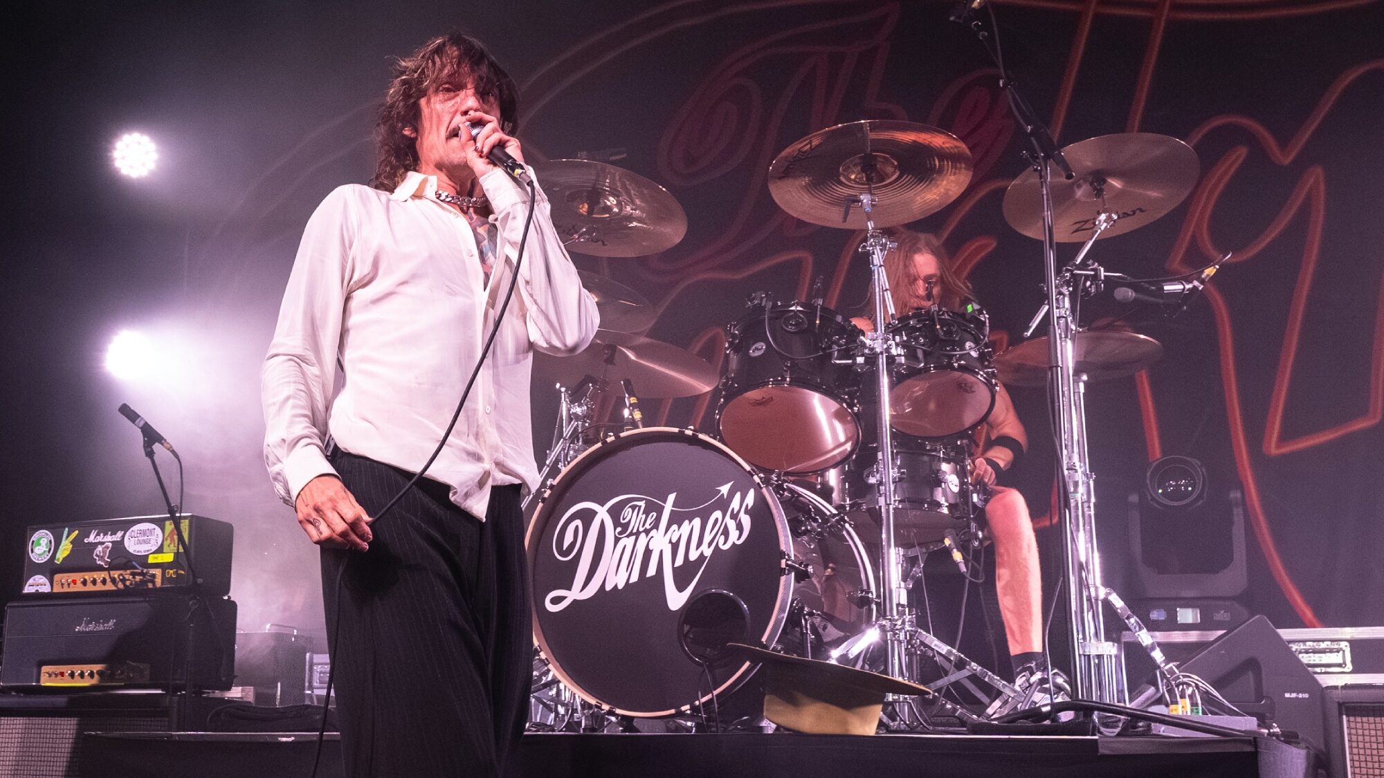The Darkness. Justin Hawkins performs live with . Steve Jennings/Getty
