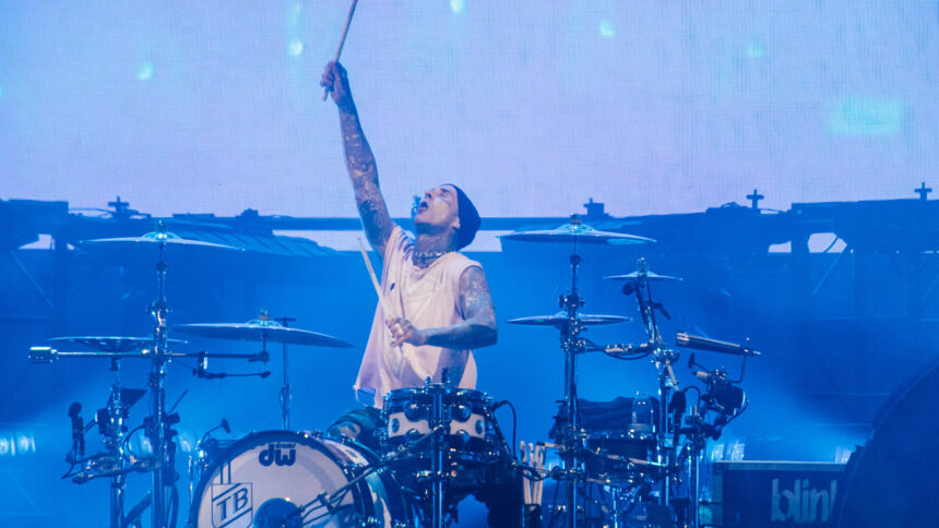 Travis Barker. of Blink-182 live at Reading 2024. Andy Ford for NME