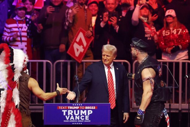 Village People. Donald Trump greets the  on stage at his victory rally at the Capital One Arena on January 19, 2025 in Washington, DC.  Scott Olson/Getty Images
