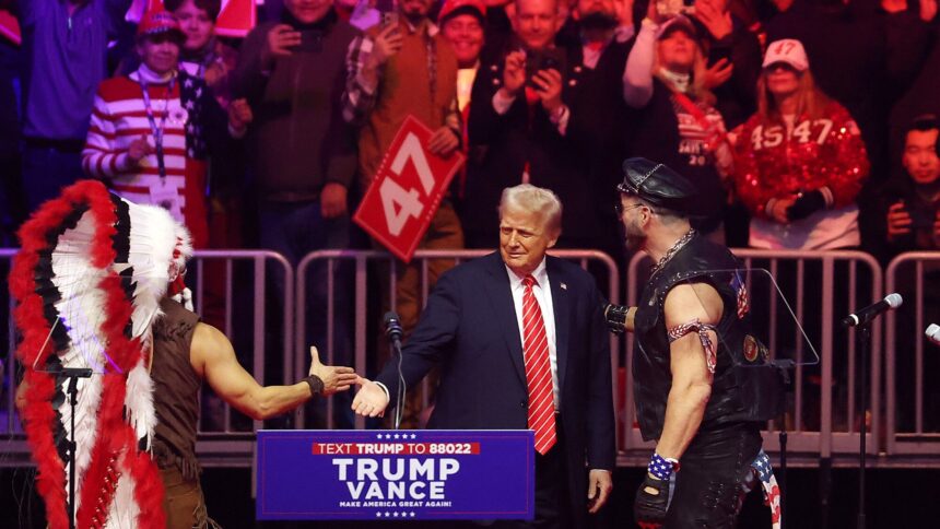 Village People. Donald Trump greets the  on stage at his victory rally at the Capital One Arena on January 19, 2025 in Washington, DC.  Scott Olson/Getty Images