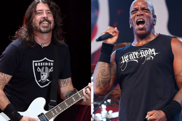 Sepultura. Dave Grohl and 's Derrick Green. Iwi Onodera/Daniel Boczarski/Getty Images